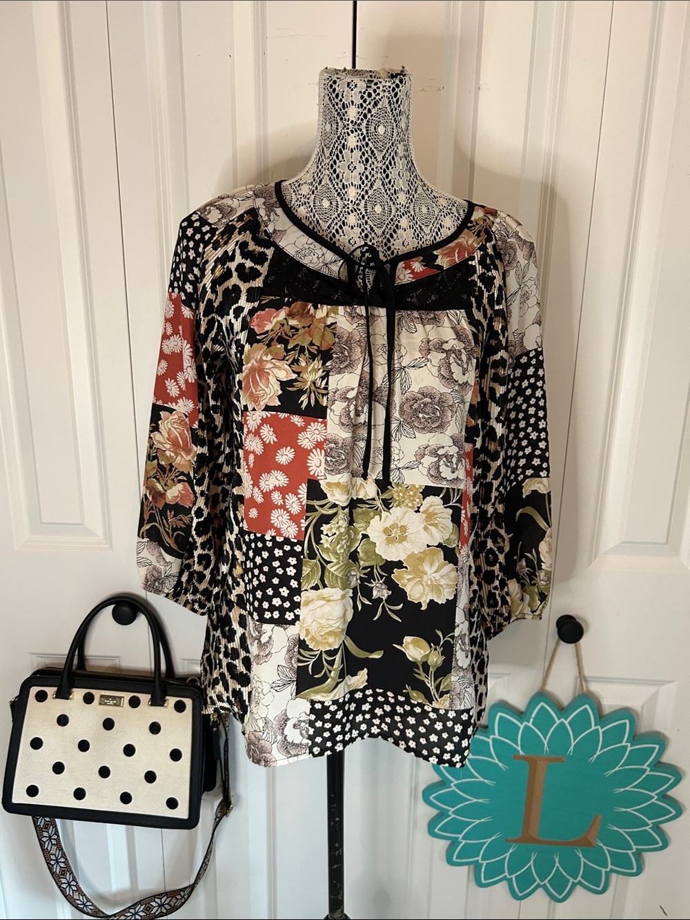 Patchwork Floral Tie-Neck Women’s Bohemium Blouse - size Small